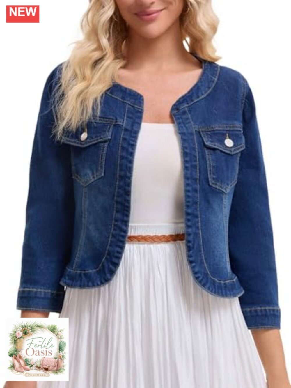 Women's Collarless Denim Jacket 3/4 Sleeve Button Down Jean Jacket